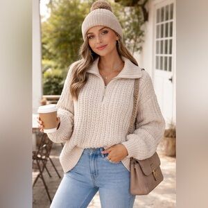 Aerie Women’s M Ivory Chunky Cable Knit Quarter Zip Relaxed Sweater